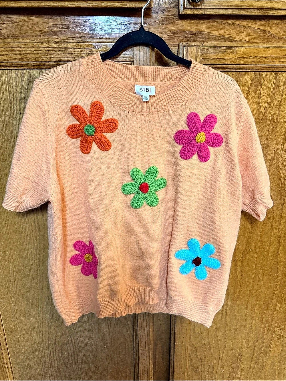 BIBI Crochet Flower Patch Short Sleeve Sweater XL
